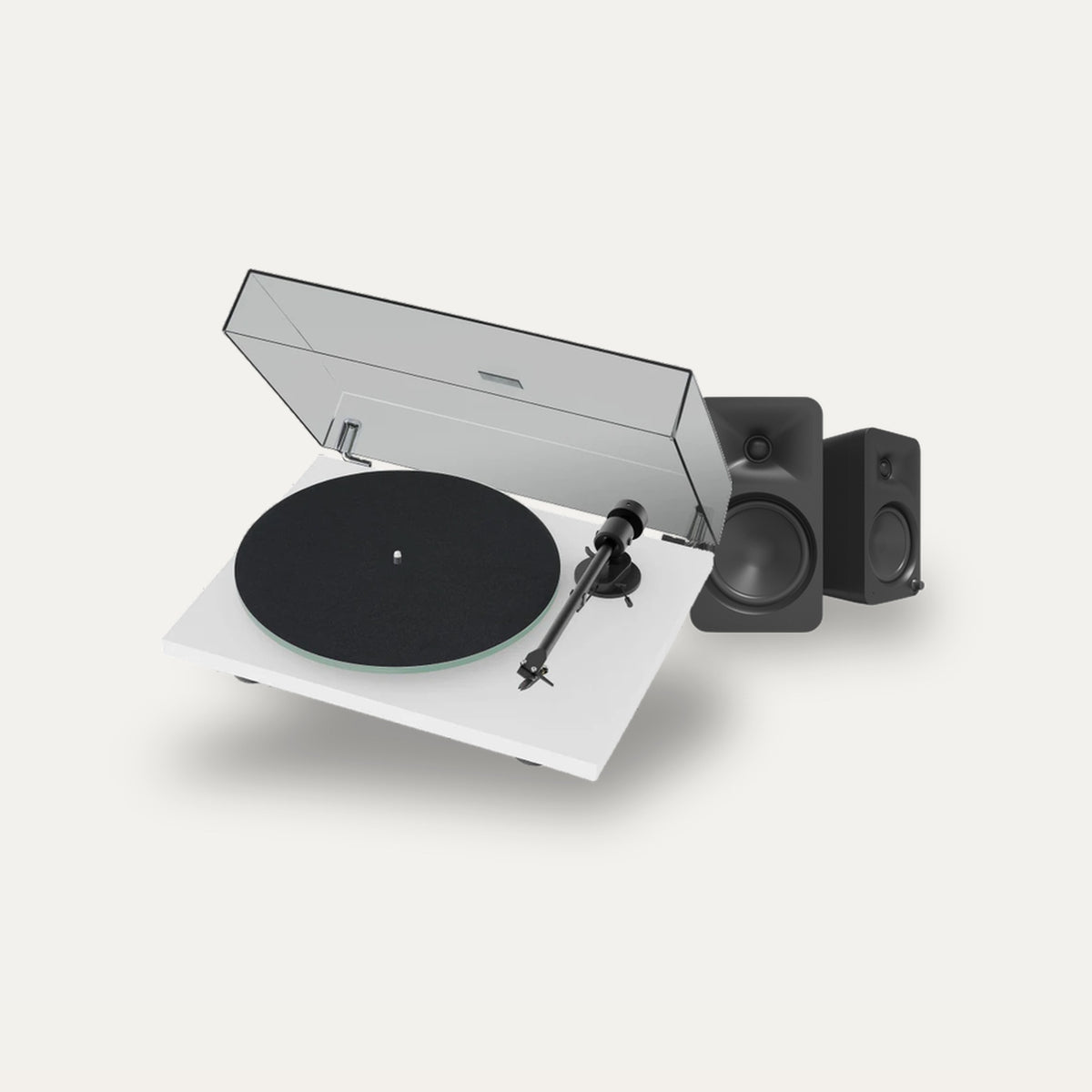 Pro-Ject T1 EVO + Kanto Audio Ora 4 Vinyl Setup – Turntable Finish Satin White, Speaker Finish Matte Black
