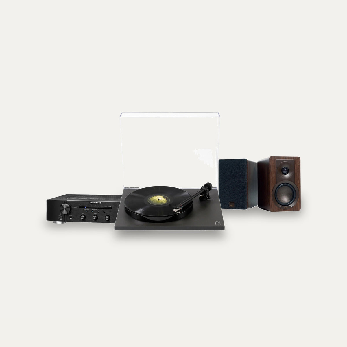 Rega Planar 1 Plus + Marantz PM6007 + Dali Kupid Vinyl Hi-Fi System – Turntable Finish Matte Black, Speaker Finish Walnut