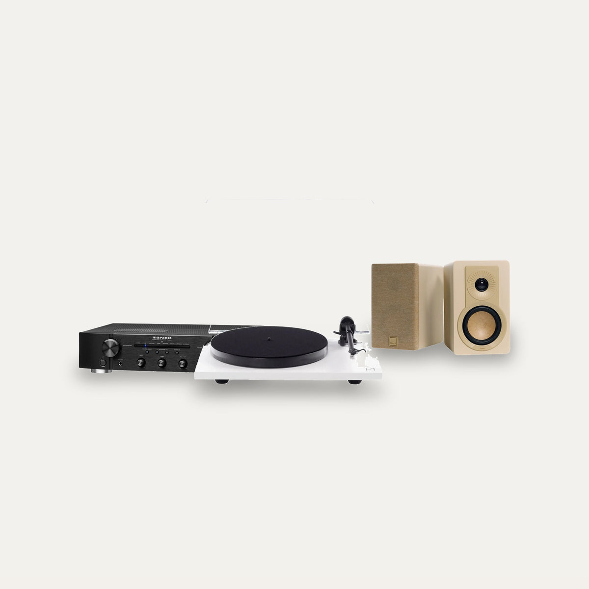 Rega Planar 1 Plus + Marantz PM6007 + Dali Kupid Vinyl Hi-Fi System – Turntable Finish Matte White, Speaker Finish Caramel White