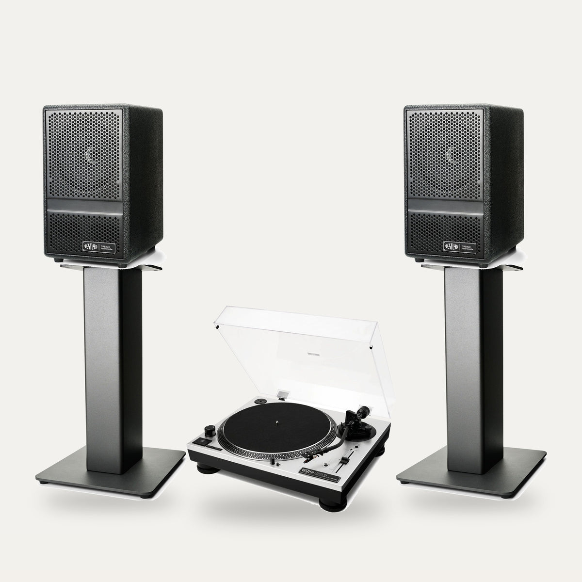 Vestlyd Vinyl Setup: Pro T1 turntable in Silver with M6C Active speakers in Black on M-Stands