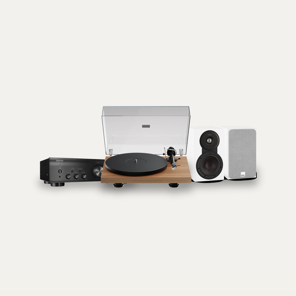 Pro-Ject Debut EVO 2 + Denon PMA-600NE + Dali Sonik 1 Vinyl Hi-Fi System – Turntable Finish Walnut, Speaker Finish White