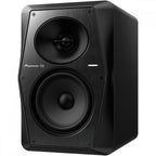 Pioneer DJ VM-50 active nearfield monitors shown at an angle, highlighting their sleek black design and front-facing speaker cones.