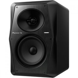 Pioneer DJ VM-50 active nearfield monitors shown at an angle, highlighting their sleek black design and front-facing speaker cones.