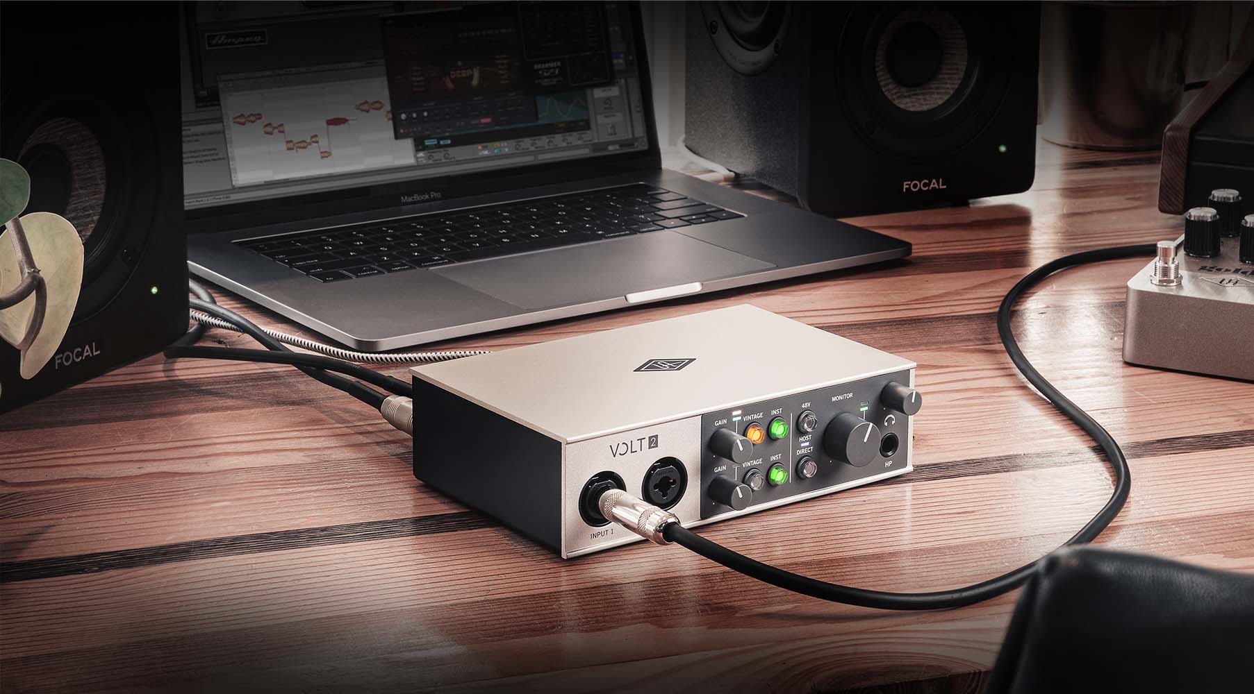 Universal Audio Volt 2 audio interface with dual input/output ports and sleek design, ideal for music recording and production.