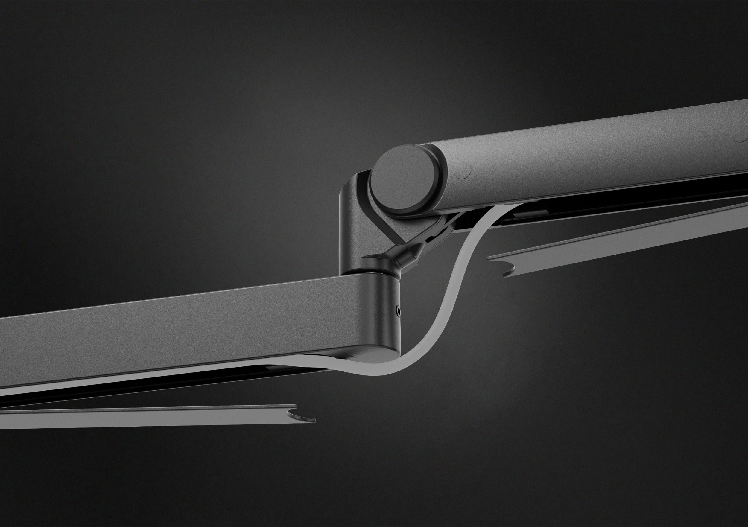 Close-up of Elgato Wave Mic Arm Pro, a dark broadcast microphone arm with adjustable joints and sleek design for streaming setups.