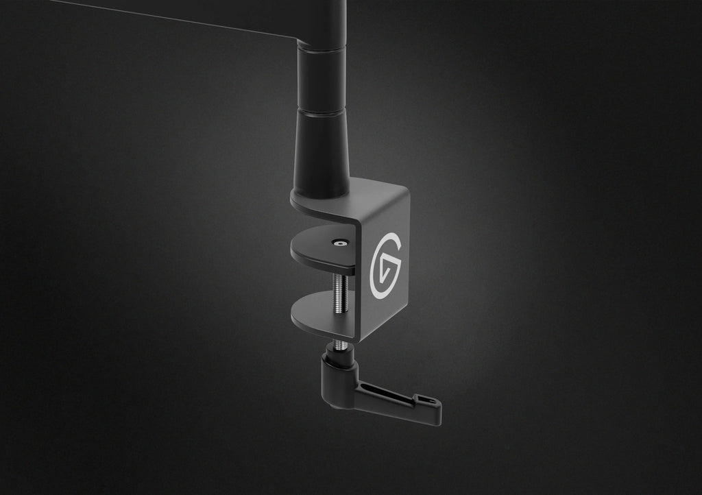 Close-up of the Elgato Wave Mic Arm Pro, a dark-colored broadcast microphone arm with adjustable joints for professional streaming setups.