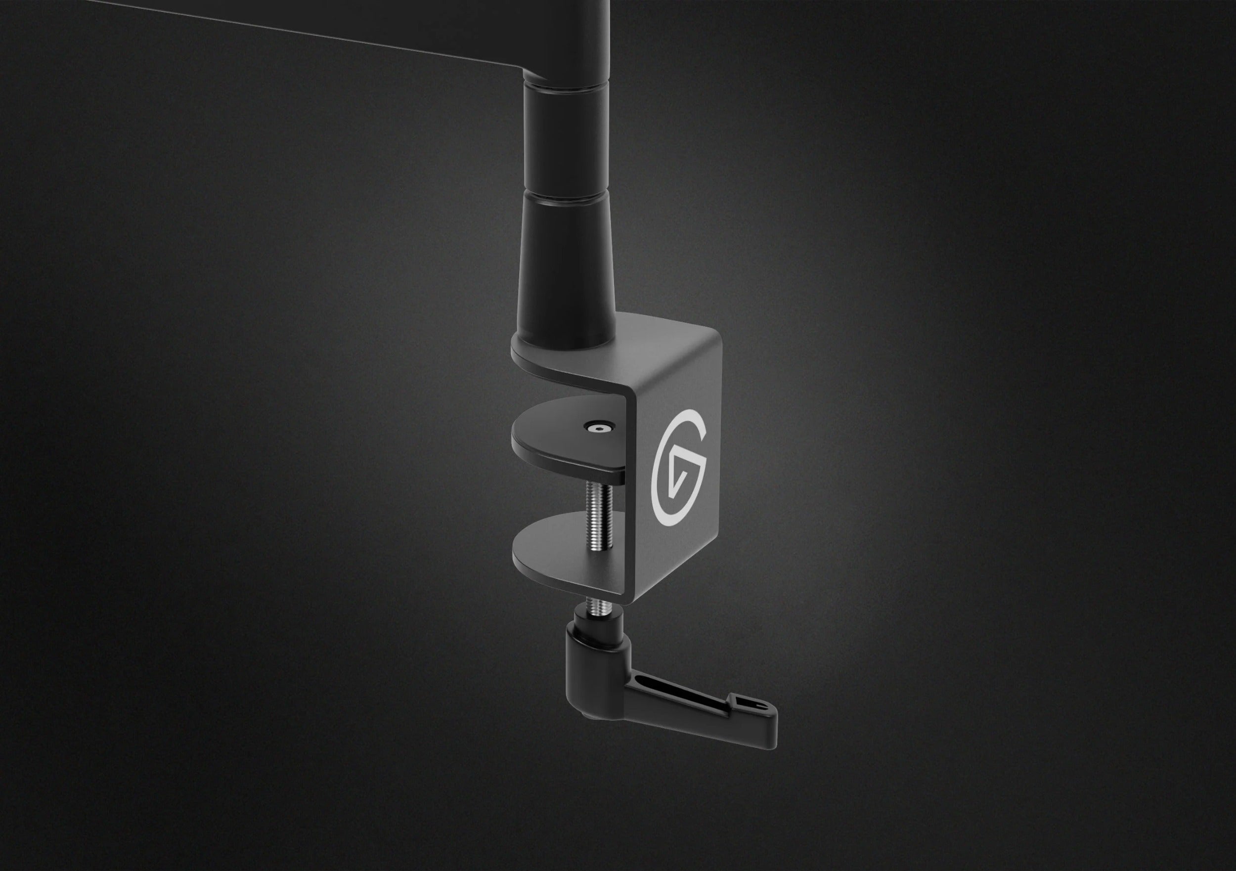 Close-up of the Elgato Wave Mic Arm Pro, a dark-colored broadcast microphone arm with adjustable joints for professional streaming setups.