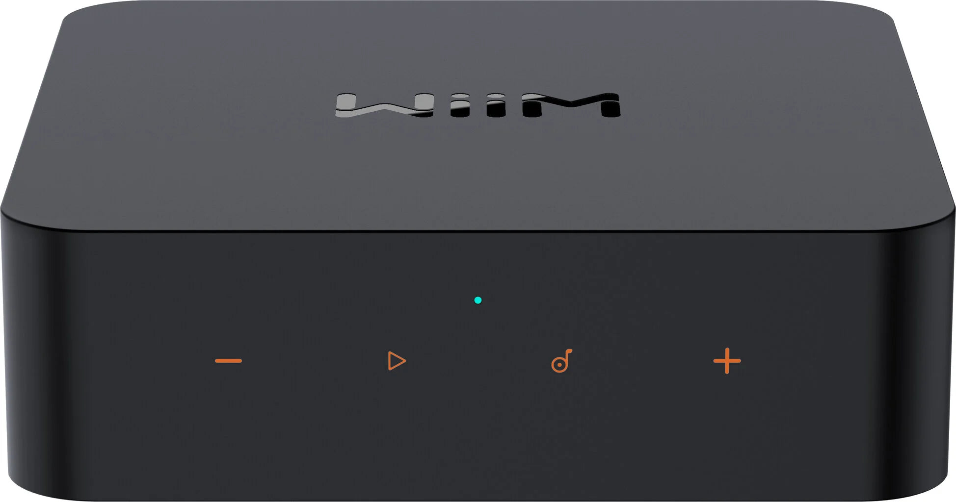 WiiM Pro Plus music streamer device with multiple ports and sleek black design, used for high-quality audio streaming.
