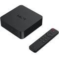 WiiM Pro Plus music streamer device with sleek black design and connectivity ports, used for high-quality wireless audio streaming.