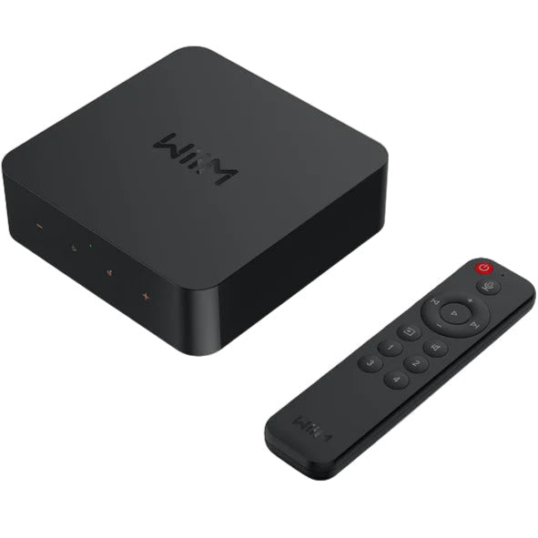 WiiM Pro Plus music streamer device with sleek black design and connectivity ports, used for high-quality wireless audio streaming.