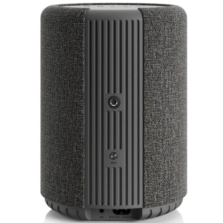 Wireless Audio Pro A10 MK2 speaker in dark grey, showcasing its sleek design and multiple connectivity options like AirPlay 2 and Chromecast.