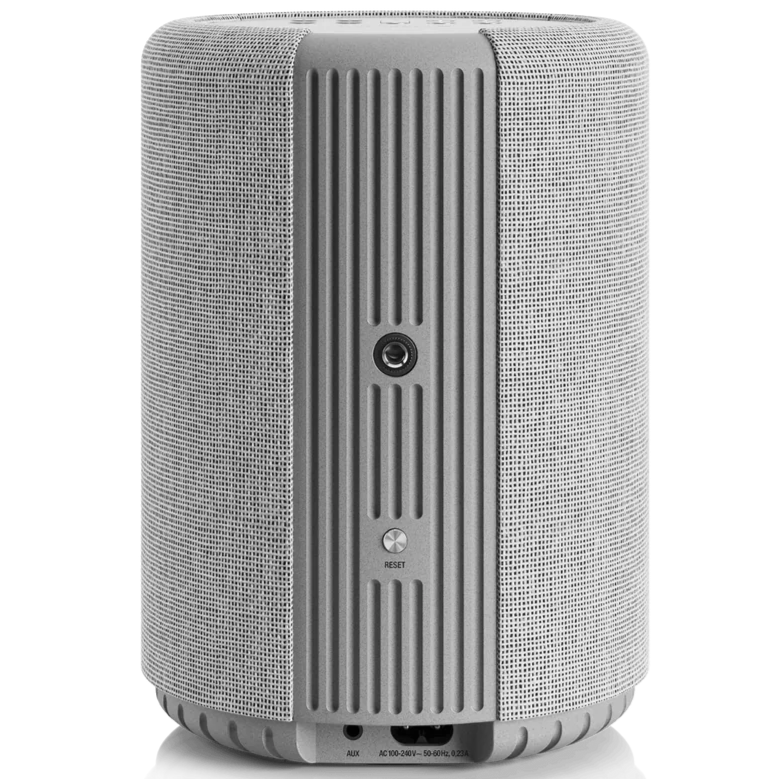 Wireless Audio Pro A10 MK2 speaker in light grey, showcasing its compact design and controls for multiroom audio streaming.