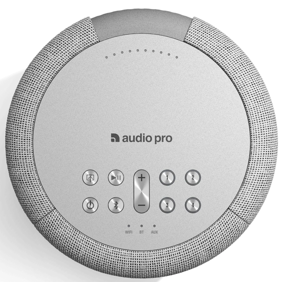 Wireless Audio Pro A10 MK2 speaker in light grey with AirPlay 2, Google Cast, and Chromecast support, showing its sleek design.