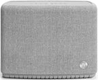Light grey Audio Pro A15 portable speaker with Wi-Fi, AirPlay 2, Google Cast, and Chromecast, front view showing controls.