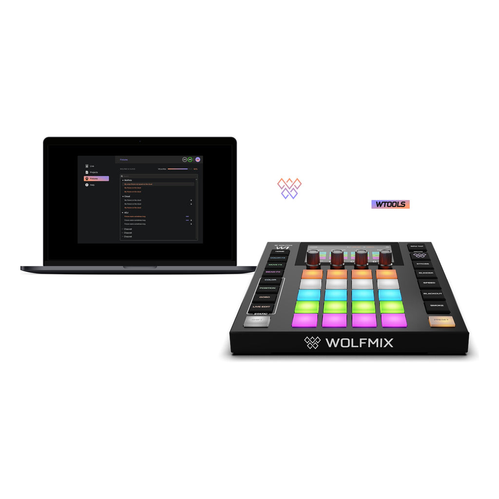 Wolfmix W1 MK3 controller alongside a laptop running WTOOLS software