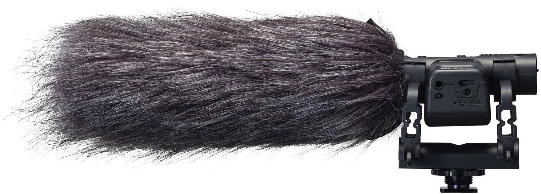 Zoom WSU-2 microphone windscreen and deadcat cover shown from side view, designed to reduce wind noise for outdoor recording.