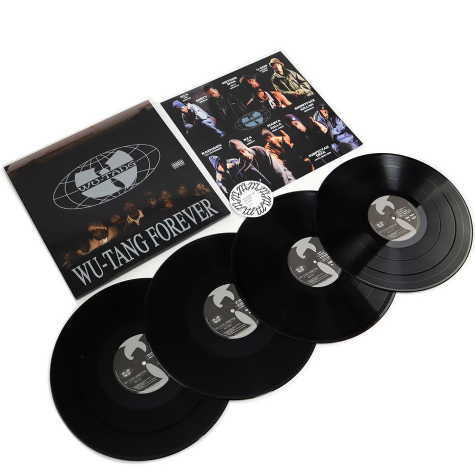 Black vinyl record of Wu-Tang Clan's Wu-Tang Forever album, 4LP set, from Loud Records, featuring hip-hop and rap music.