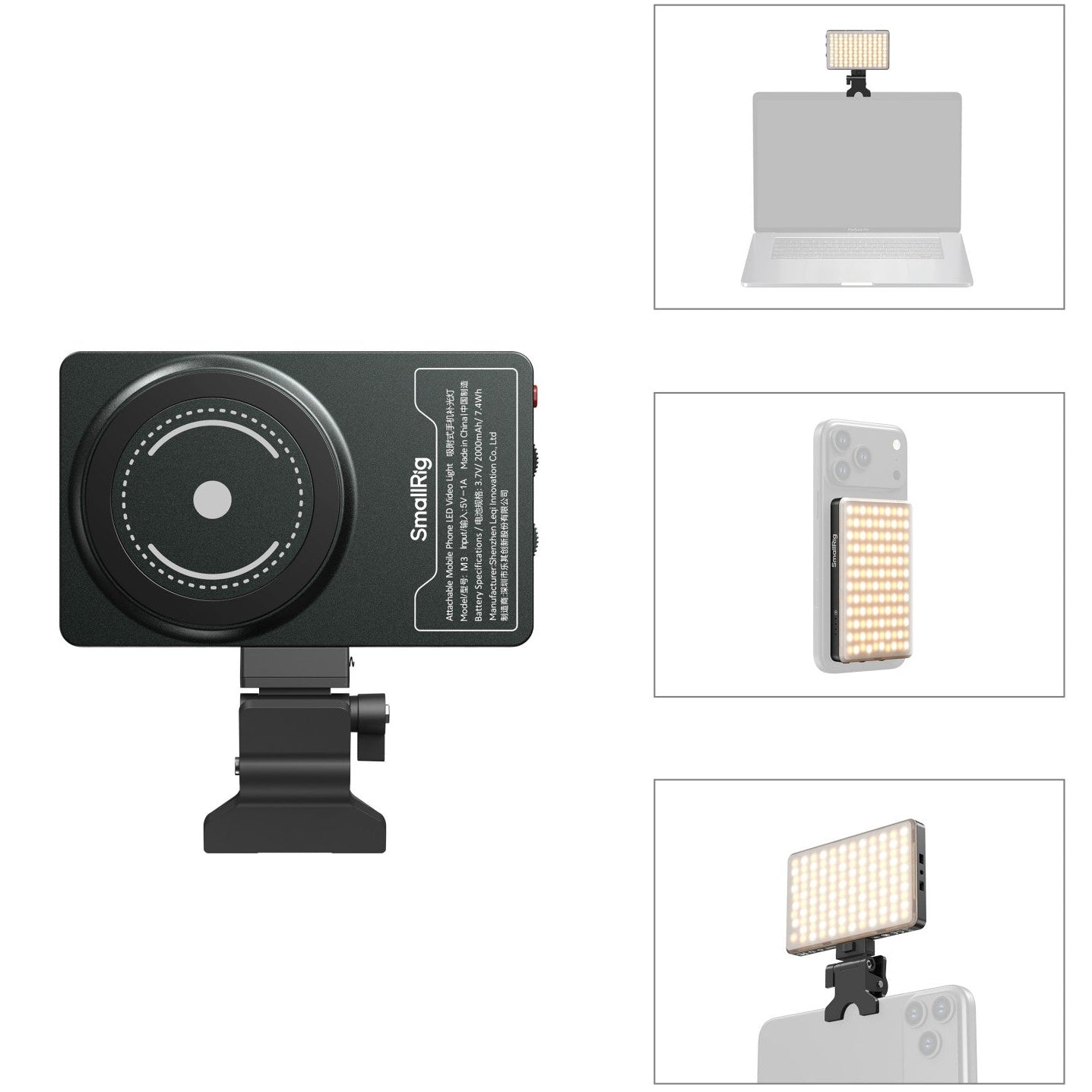 SmallRig M3 attachable bi-color LED video light with clip for mobile phones, providing adjustable lighting for videos and photos.