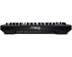 Moog Messenger synthesizer with keyboard and control knobs, compact black design, and vintage-style interface.