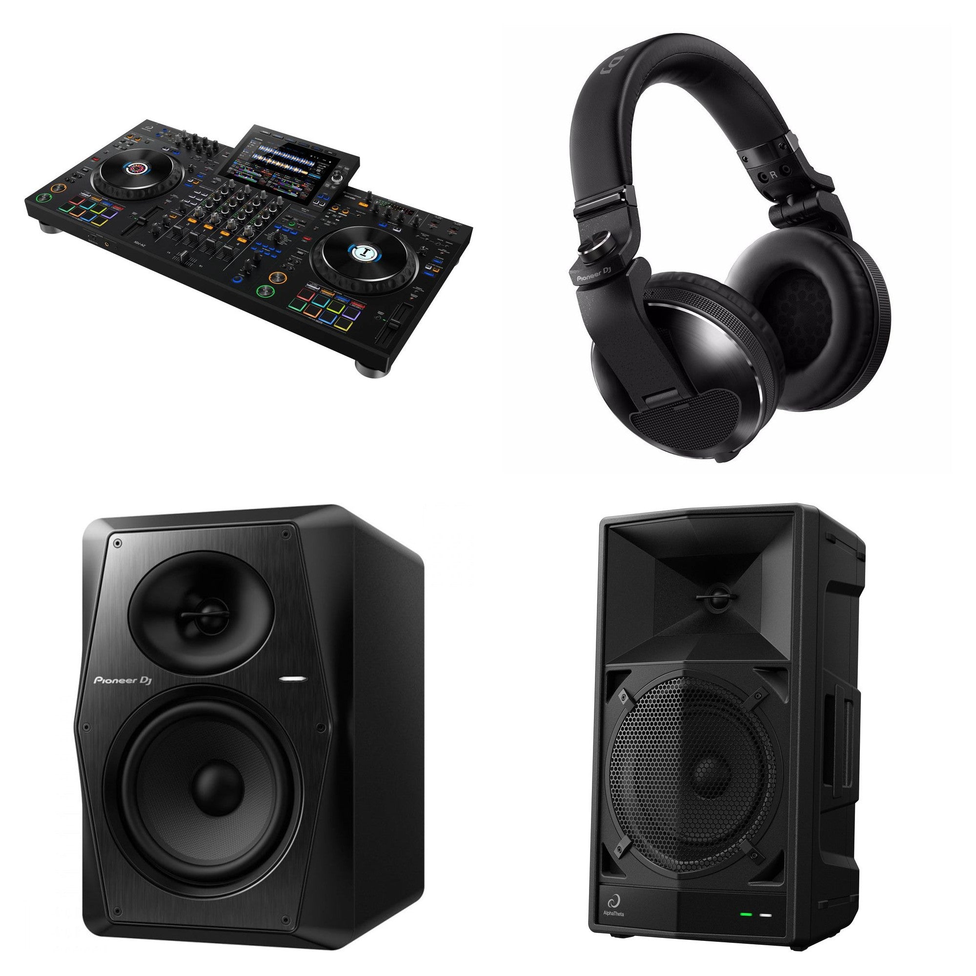 AlphaTheta XDJ-AZ Party Pro DJ bundle featuring professional DJ controller with colorful lighting and multiple control panels.