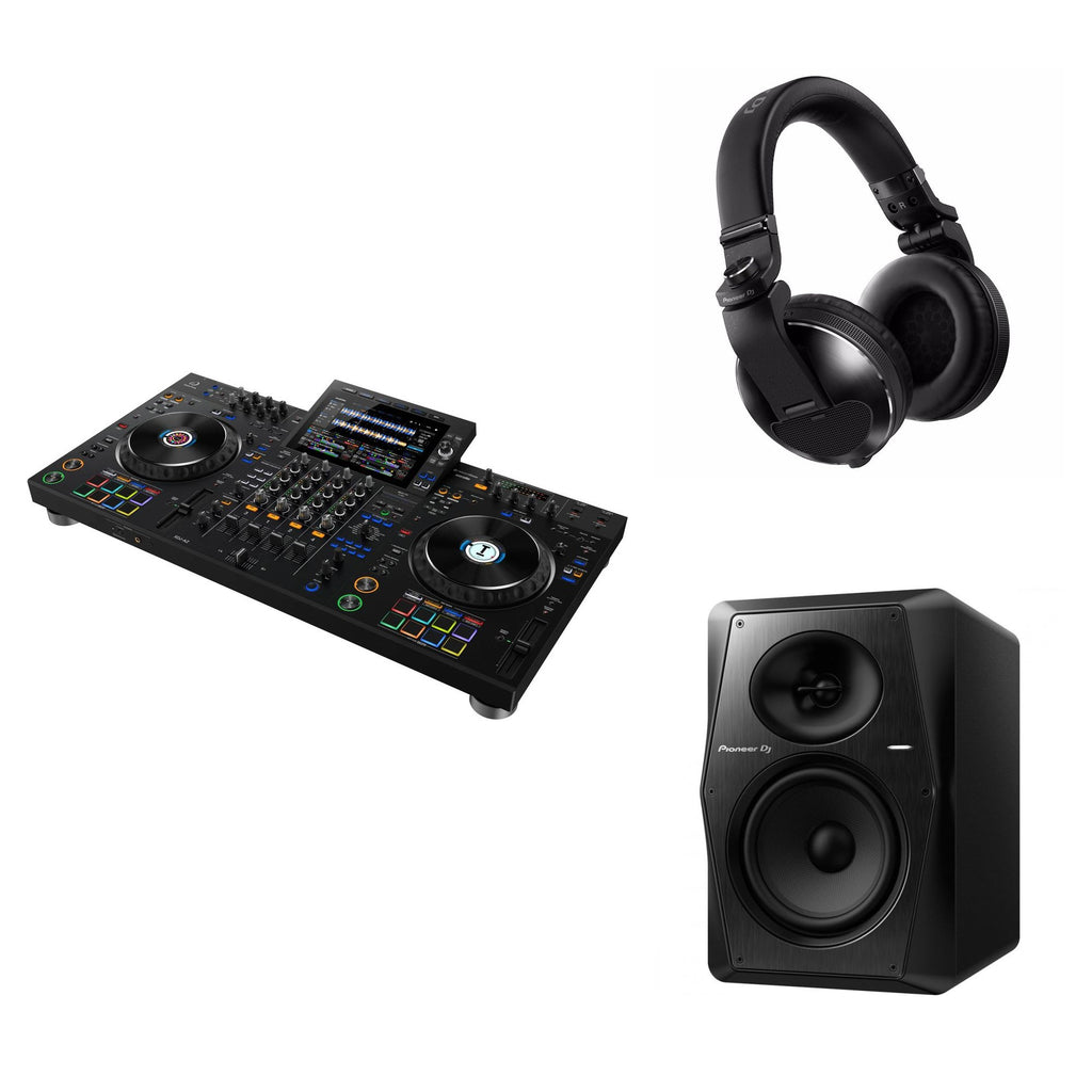 AlphaTheta XDJ-AZ Reference DJ bundle featuring a professional DJ controller with jog wheels, buttons, and colorful LED lighting.