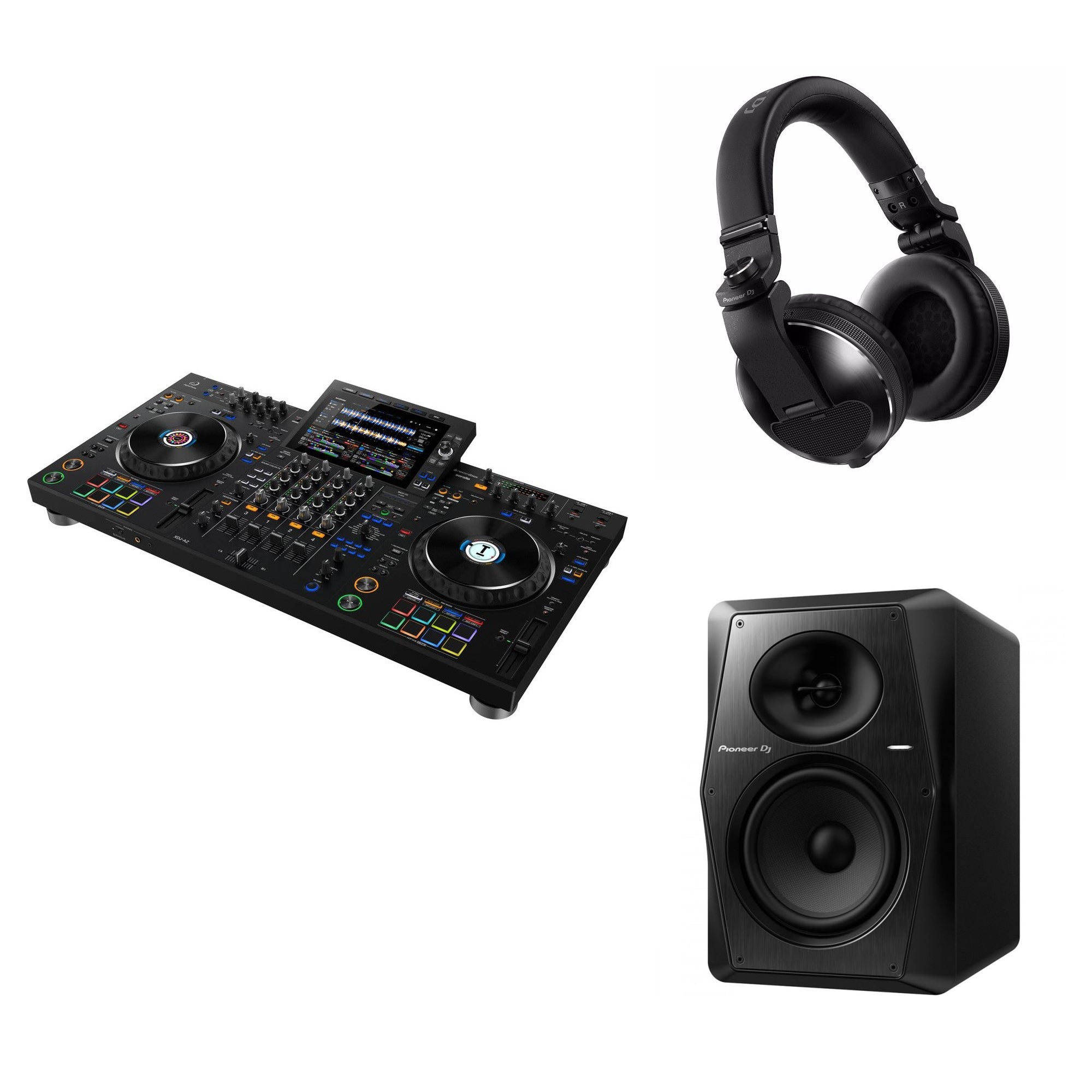 AlphaTheta XDJ-AZ Reference DJ bundle featuring a professional DJ controller with jog wheels, buttons, and colorful LED lighting.