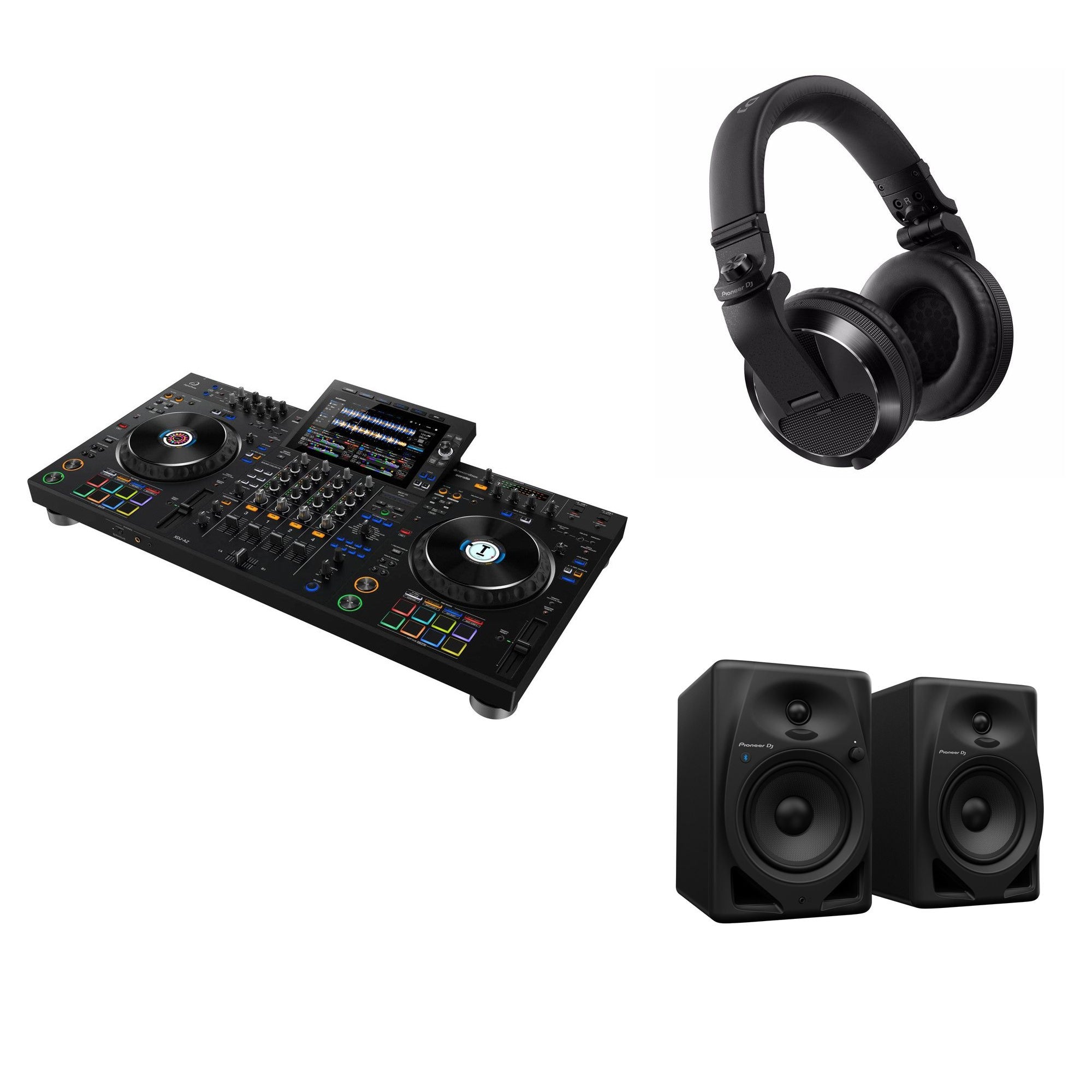AlphaTheta XDJ-AZ Studio DJ bundle with professional DJ controller, mixer, and headphones for mixing and music performance.