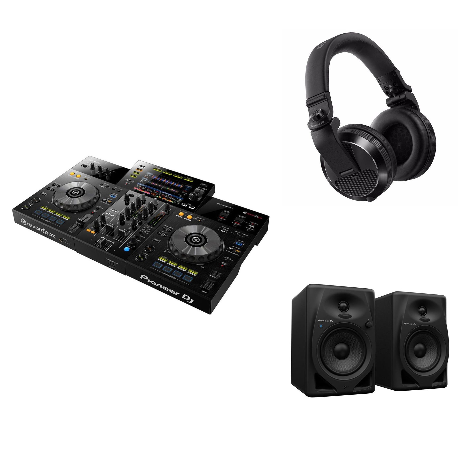 Pioneer DJ XDJ-RR Studio Plus DJ bundle featuring professional DJ controller, headphones, and accessories for mixing and performance.