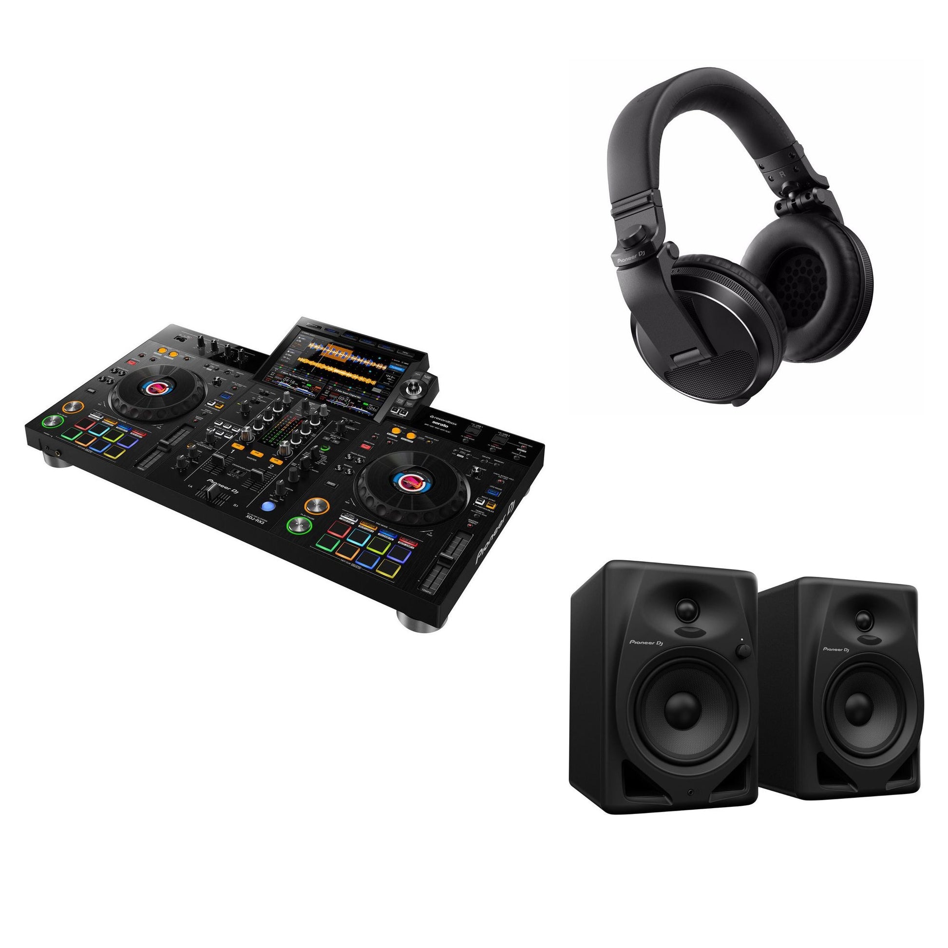 Pioneer DJ XDJ-RX3 home studio DJ bundle with mixing console, controllers, and audio equipment for professional DJ setup.