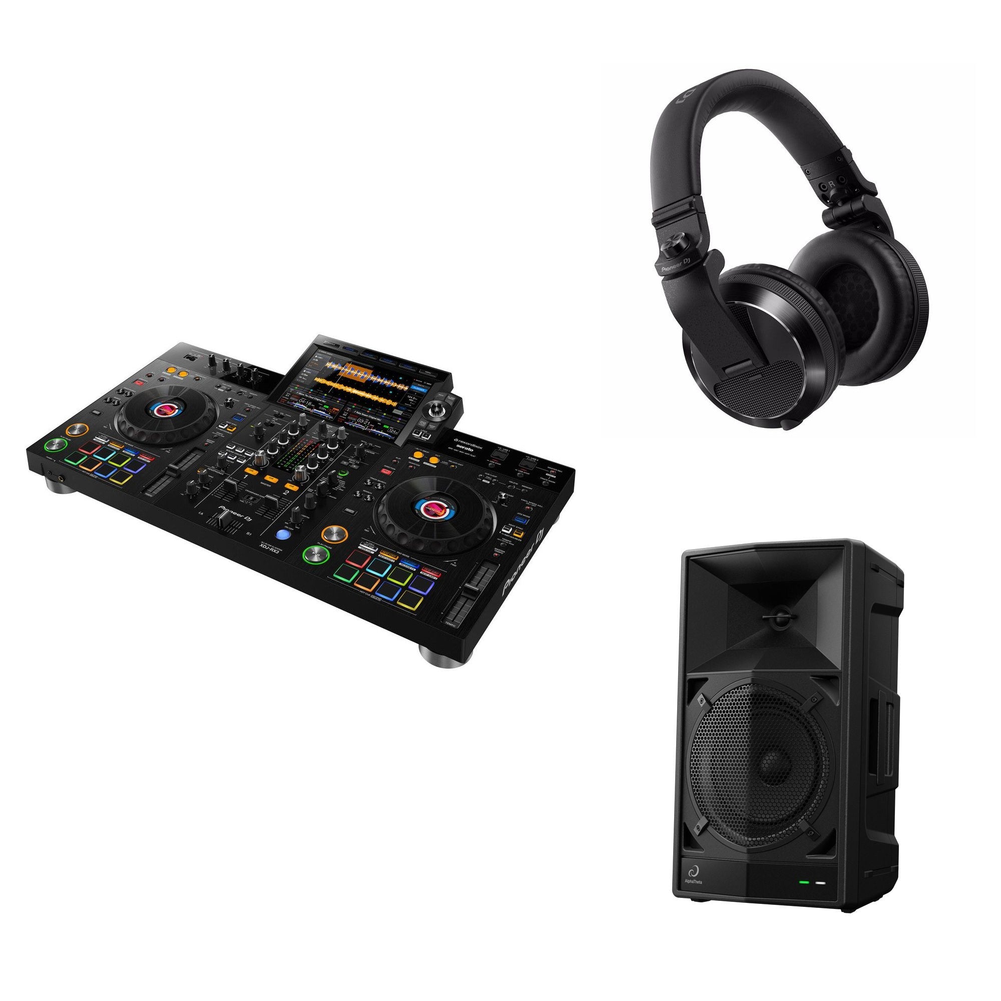 Pioneer DJ XDJ-RX3 Party Pack with DJ controller, headphones, and accessories for professional DJing and mixing.