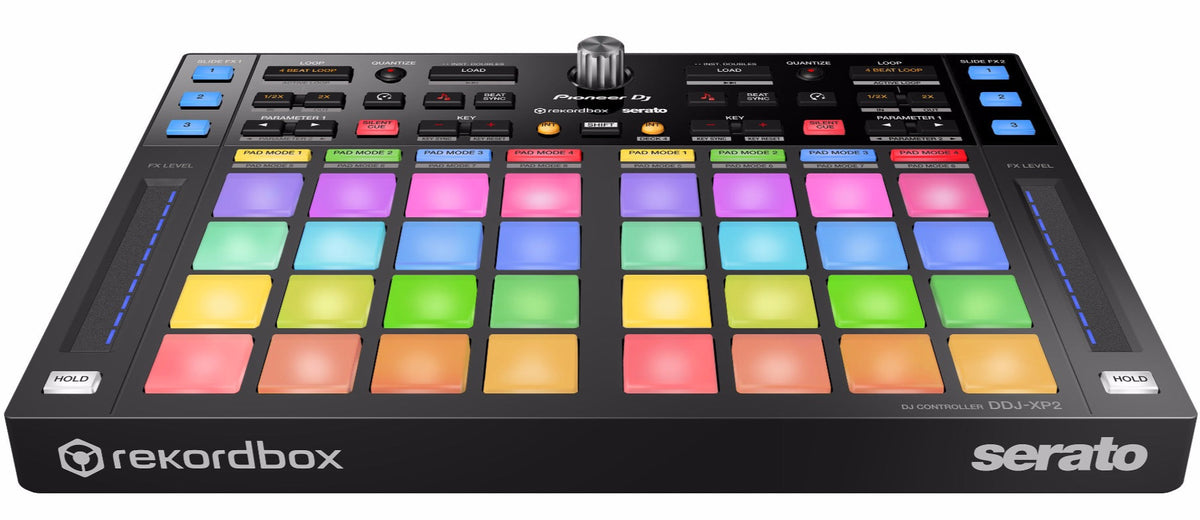 Pioneer DJ DDJ-XP2 DJ effects controller with colorful pads and knobs, designed for professional DJ performance and mixing.