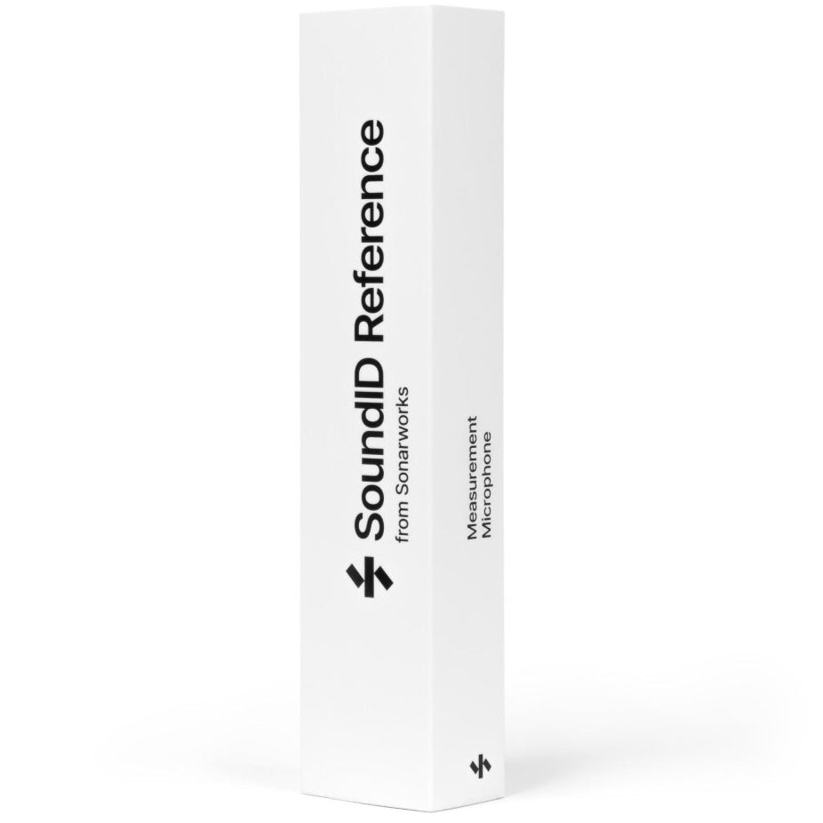 Sonarworks SoundID Reference measurement microphone for room calibration, shown in a close-up image with cable attachment.