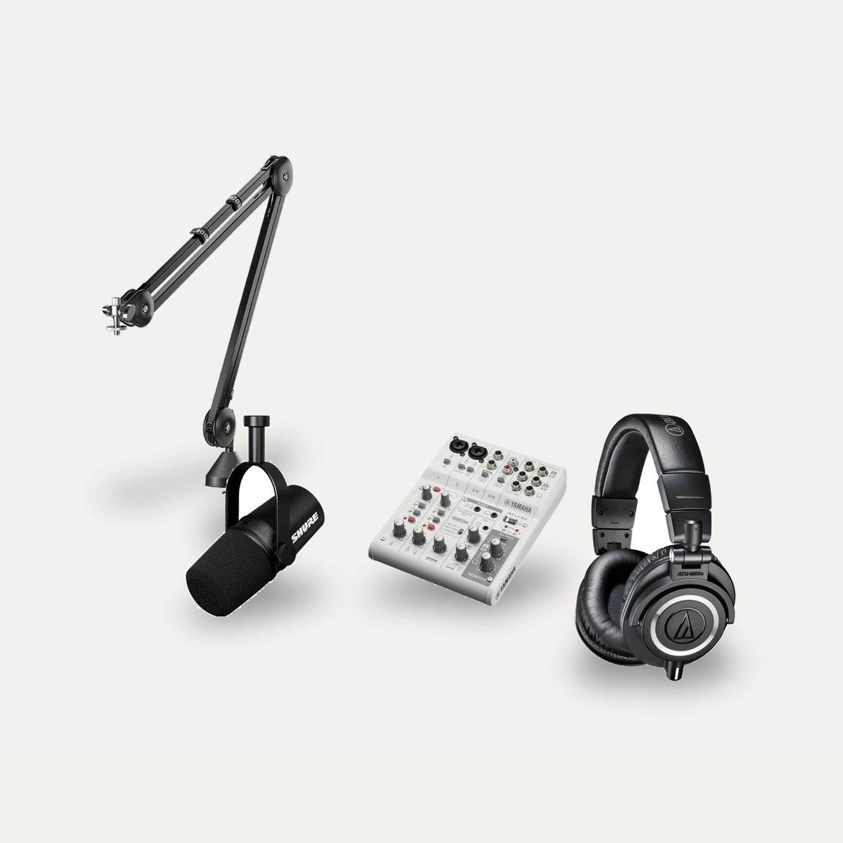 Yamaha AG06 MK2 + Shure MV7X + RODE PSA1 Streaming Set – Mixer Colour White, Headphones Colour Black