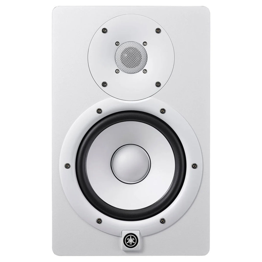 Yamaha HS7 active nearfield monitor in white, showcasing the sleek design and front-facing speaker.