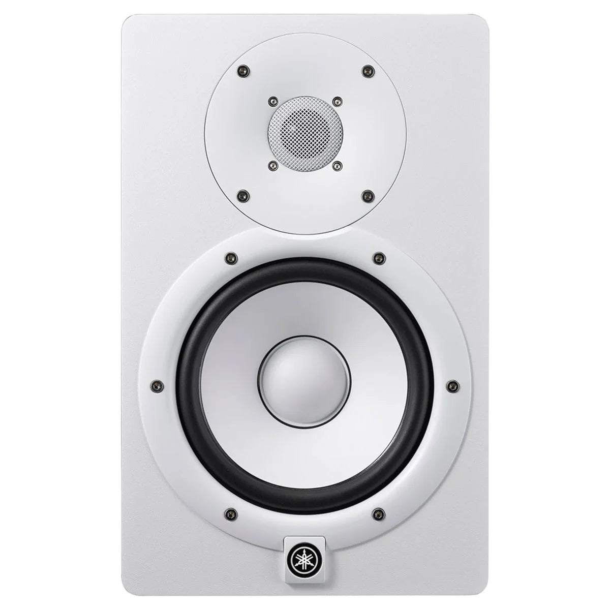 Yamaha HS7 active nearfield monitor in white, showcasing the sleek design and front-facing speaker.