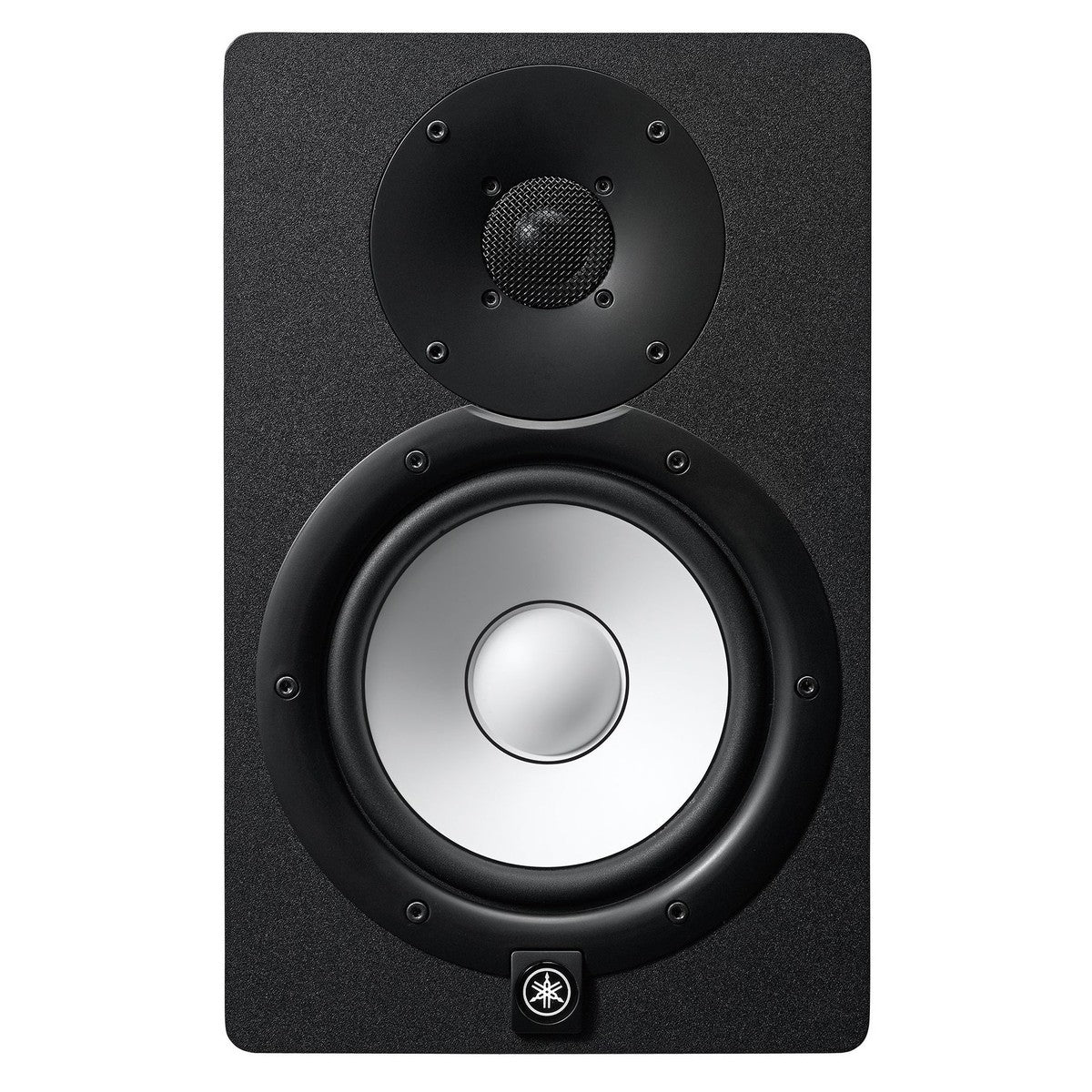 Yamaha HS7 active nearfield monitors with a sleek white cone and black finish, designed for professional audio monitoring.