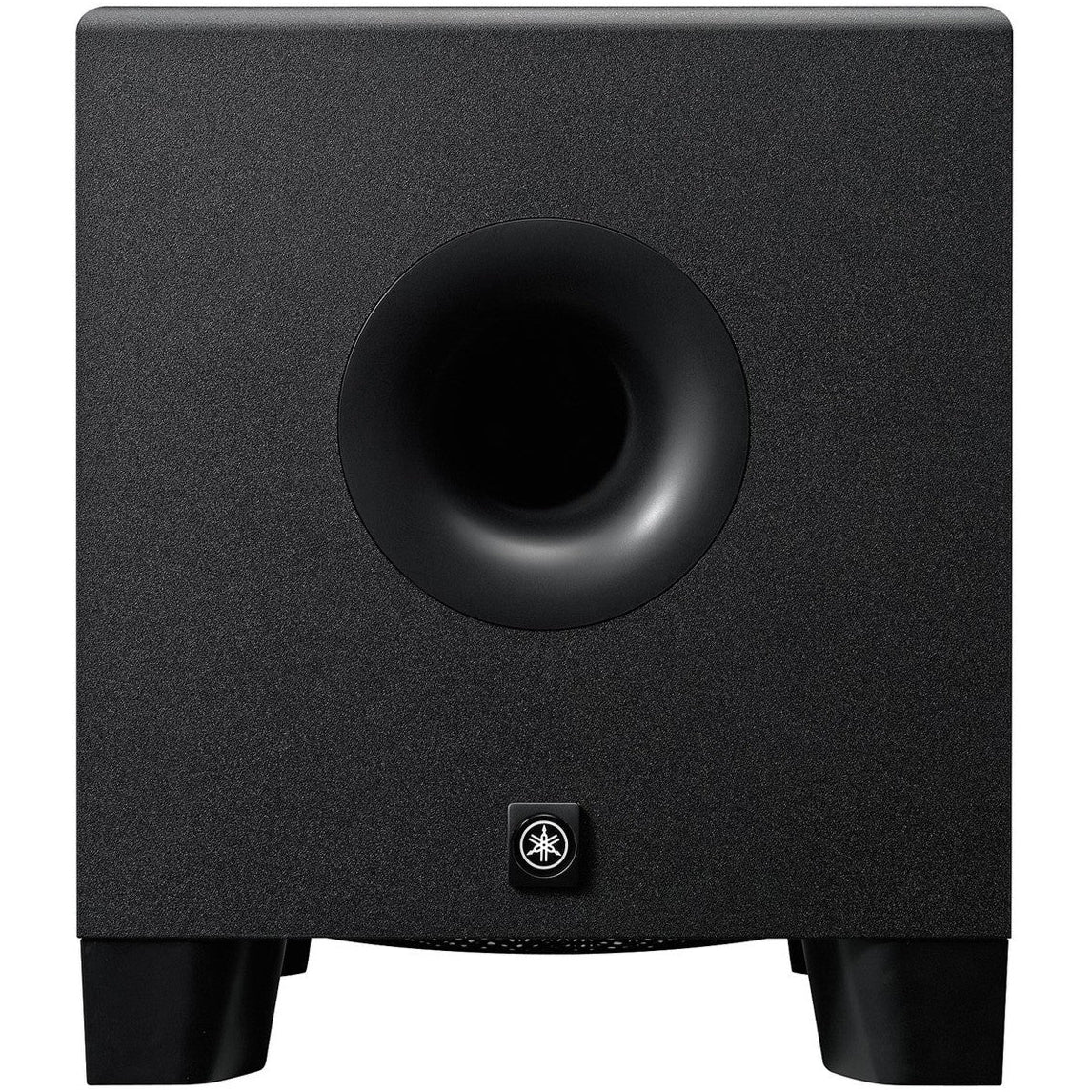 Yamaha HS8S subwoofer with black enclosure and front control panel, designed for studio sound and audio monitoring.