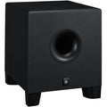 Yamaha HS8S subwoofer showing the black speaker enclosure with control panel and rear ports for professional audio setup.