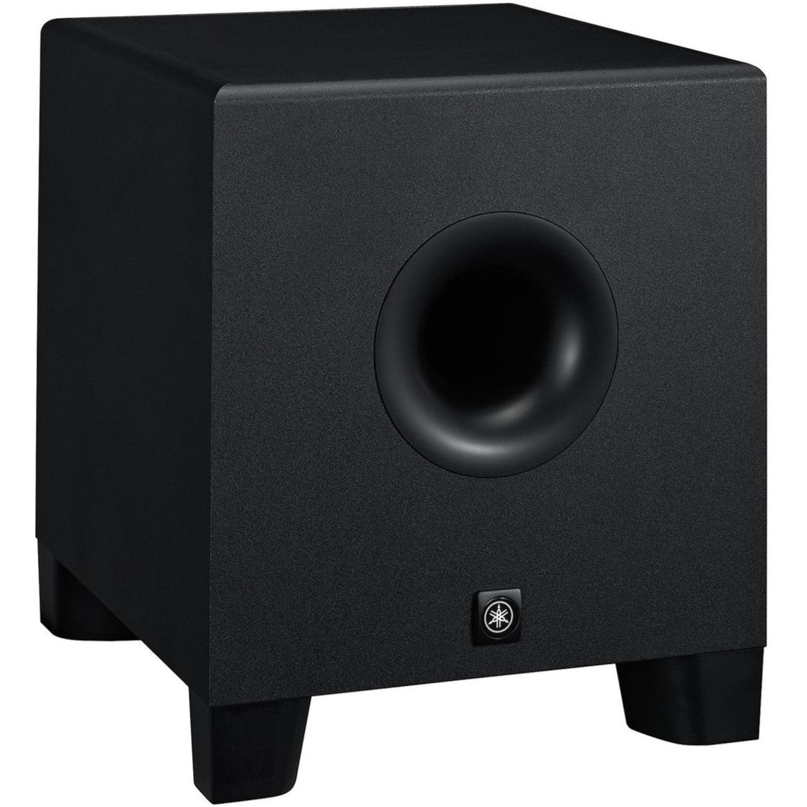 Yamaha HS8S subwoofer showing the black speaker enclosure with control panel and rear ports for professional audio setup.