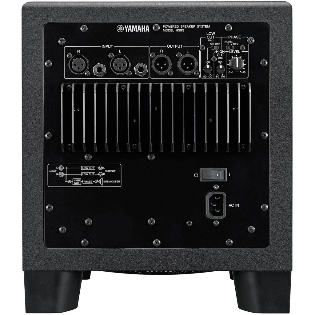 Yamaha HS8S subwoofer showing the black speaker enclosure and control panel, designed for professional audio monitoring.