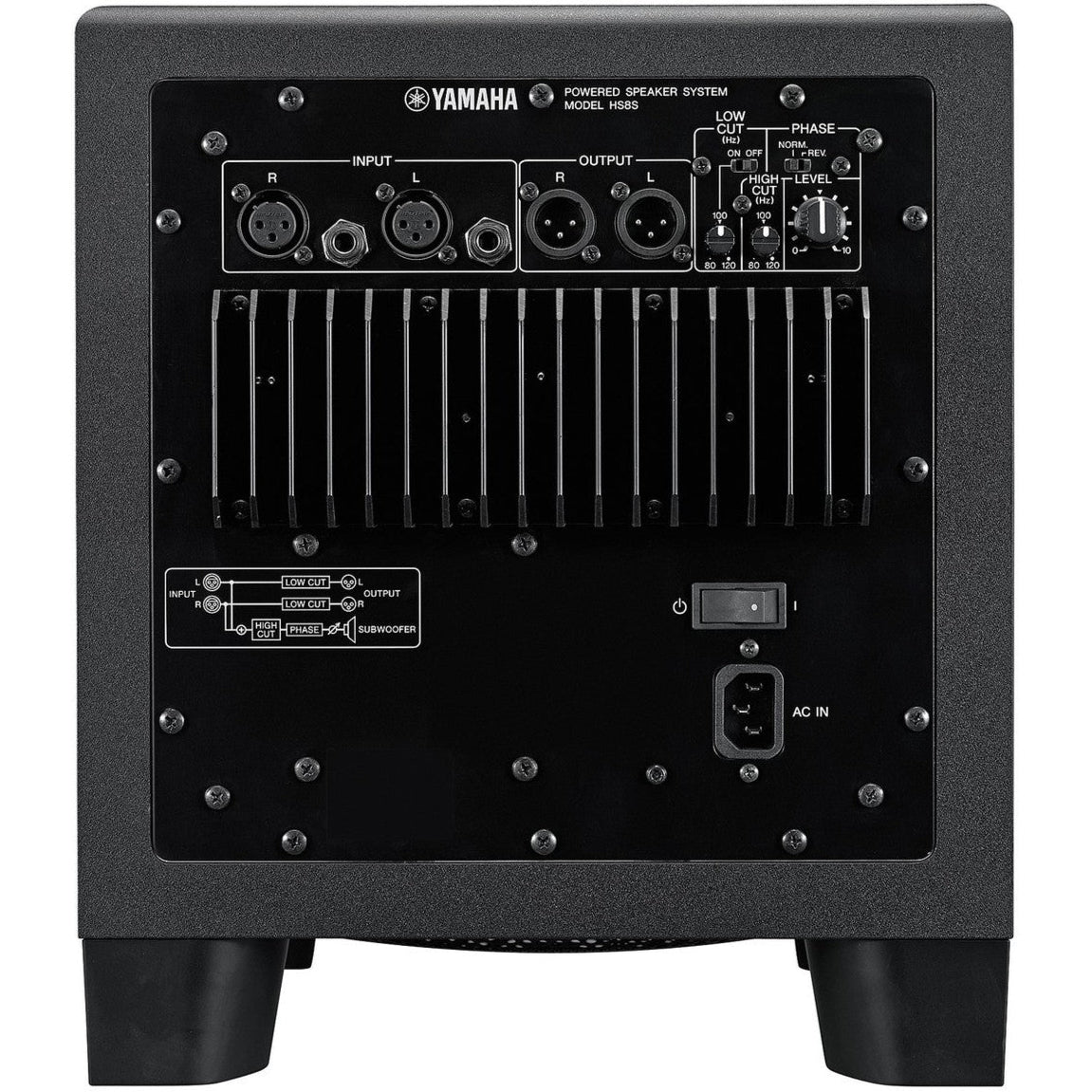 Yamaha HS8S subwoofer showing the black speaker enclosure and control panel, designed for professional audio monitoring.