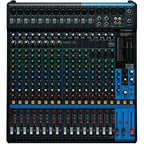Yamaha MG20XU analog mixer with multiple input channels, knobs, and sliders for audio control.