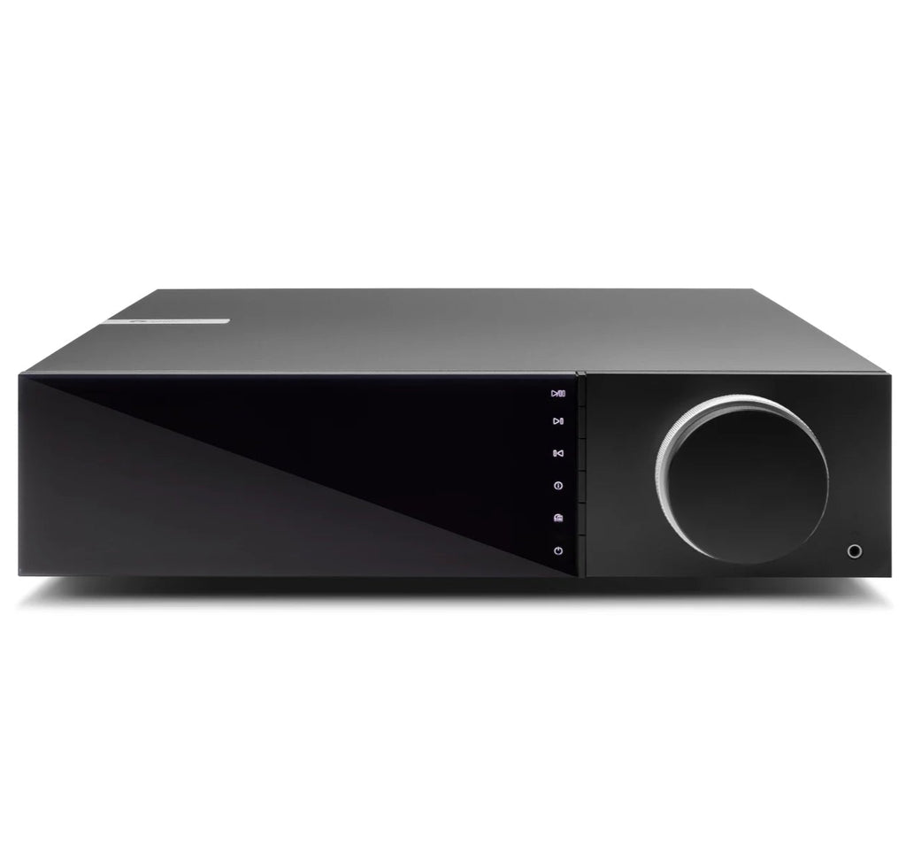 Cambridge Audio Evo 150 SE music streamer with sleek design and control knobs, showcasing its front panel and connectivity options.