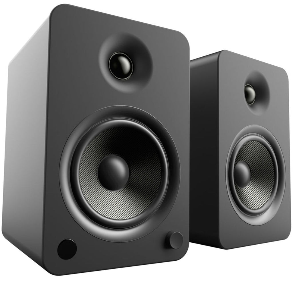 Kanto Audio YU6 wireless speakers with sleek black finish and modern design, showing the front view of the speakers.