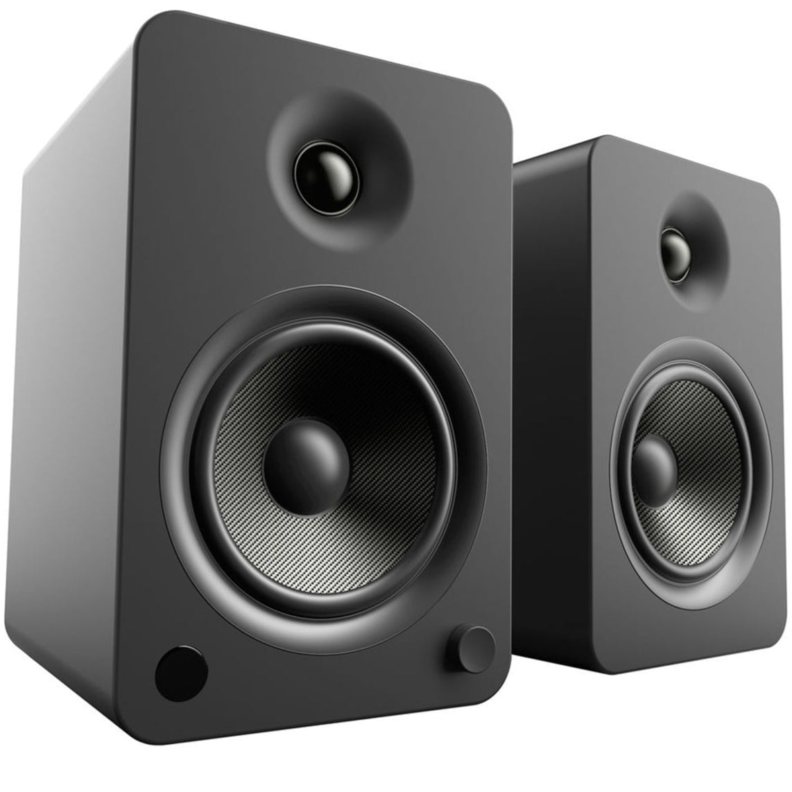 Kanto Audio YU6 wireless speakers with sleek black finish and modern design, showing the front view of the speakers.
