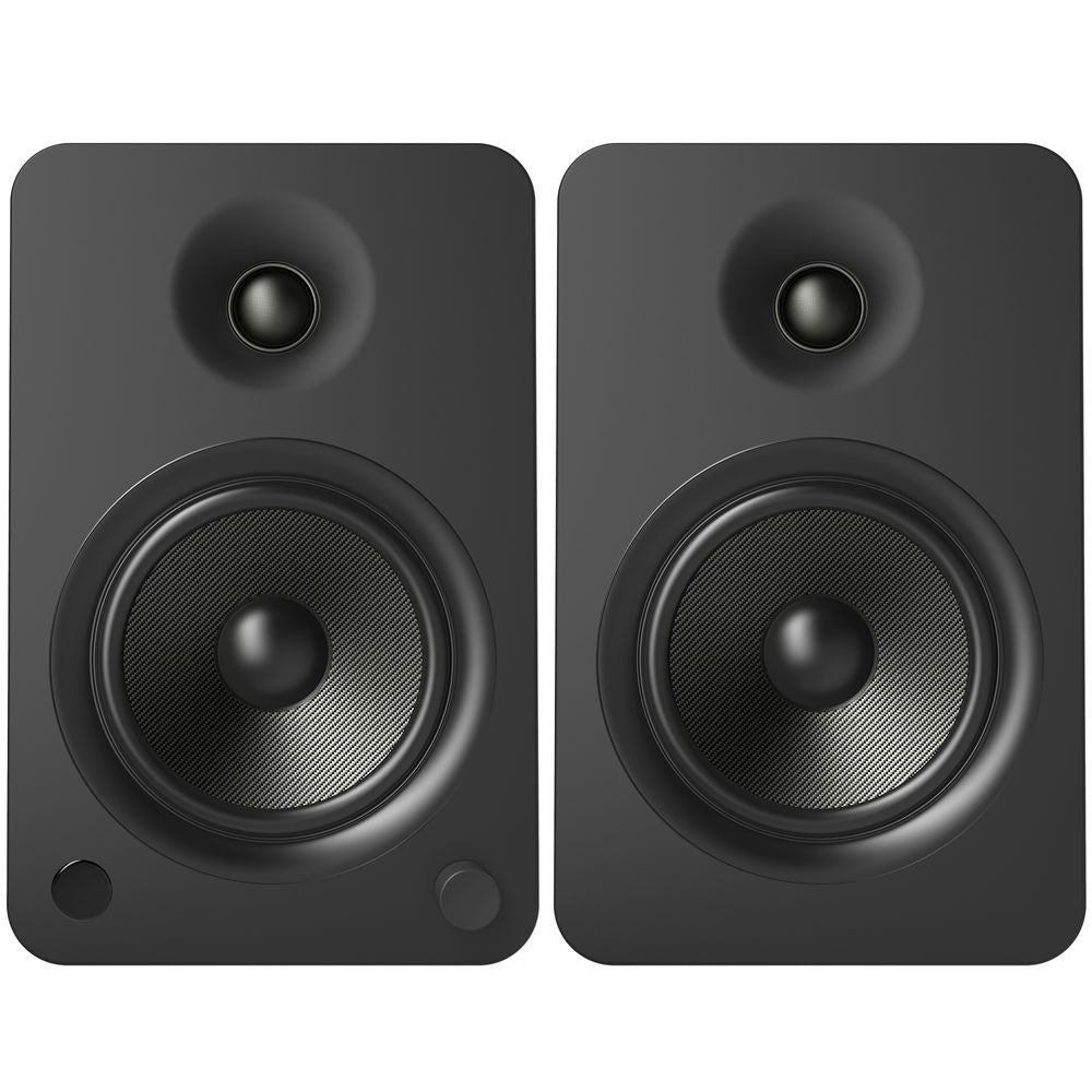 Kanto Audio YU6 wireless speakers with sleek black finish, featuring multiple control buttons and a modern design.