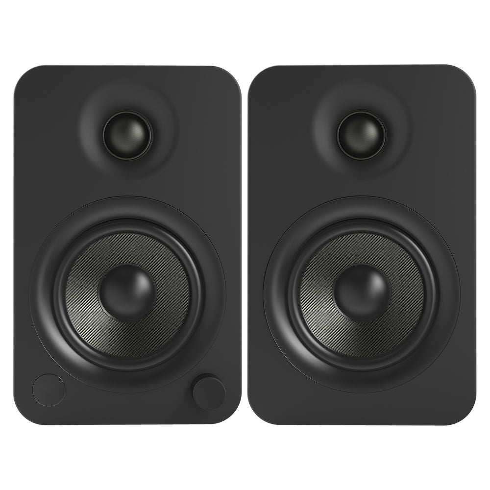 Kanto Audio YU4 wireless speakers with black finish, featuring sleek design, control knobs, and audio ports visible in the image.