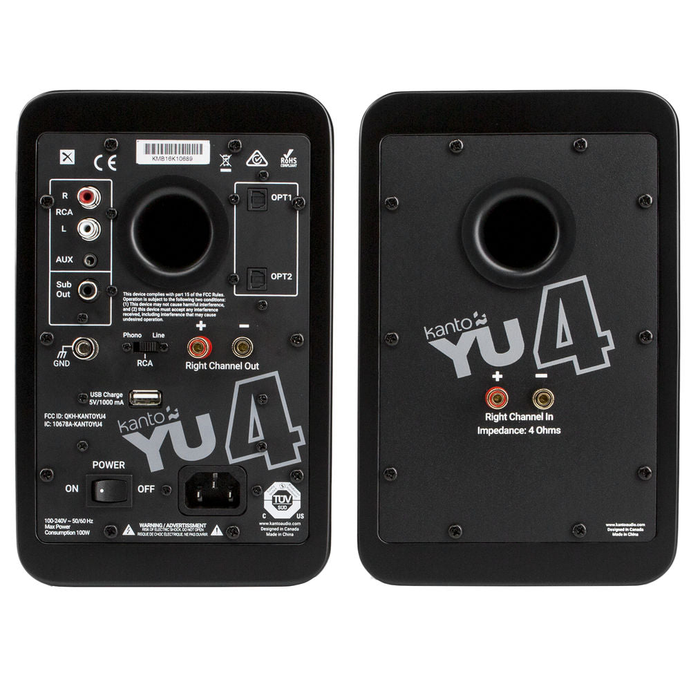 Kanto Audio YU4 wireless speakers with black finish, featuring modern design and multiple connectivity options.