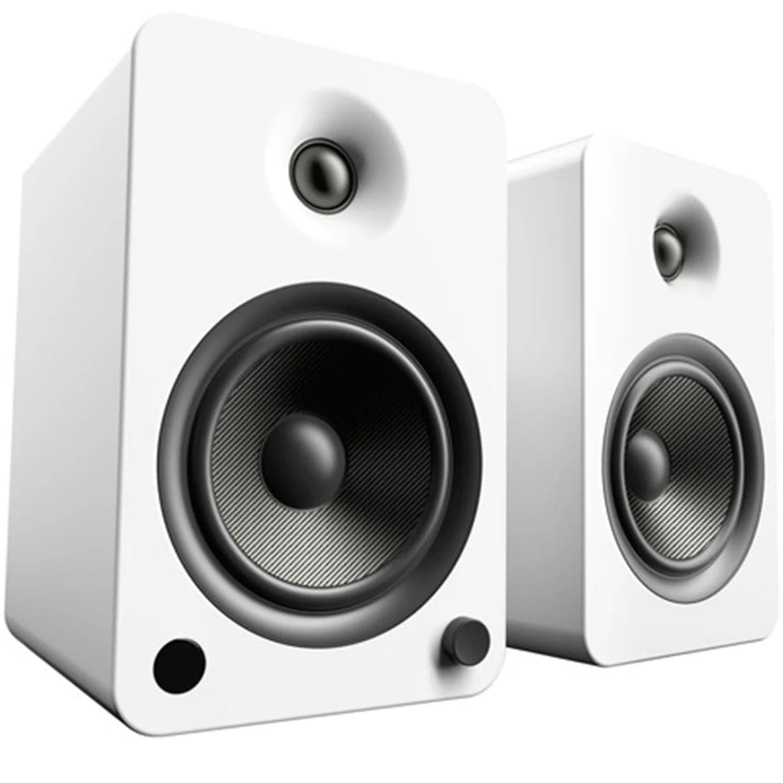 Kanto Audio YU6 wireless speakers in white, showcasing sleek design and speaker grille with control knobs on top.