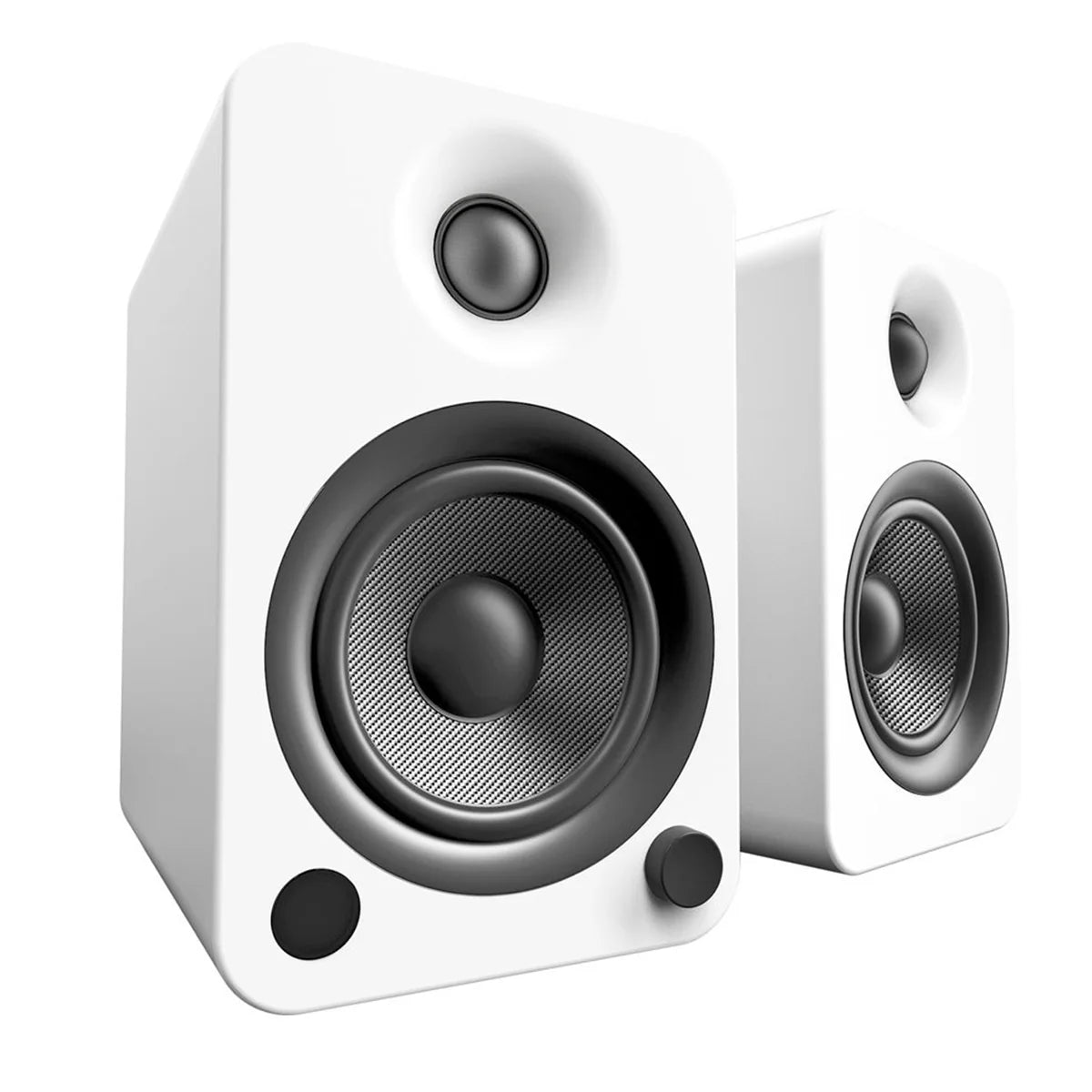 Kanto Audio YU4 wireless speakers in white, showing sleek design and front grille with control buttons visible.